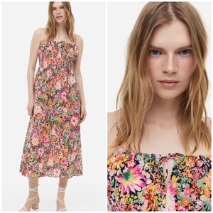 💐 H&M, Garden Girl Floral Smocked Cotton Midi Dress
